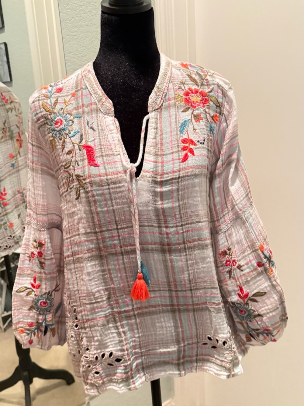 Johnny Was White Plaid Embroidered Peasant Tunic with Tassel